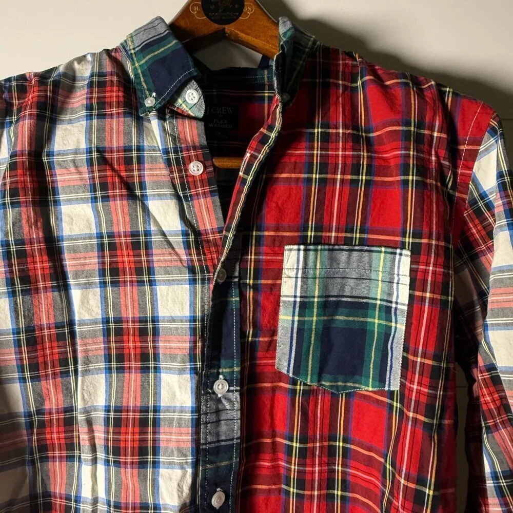 J Crew Re-Imagined Plaid Patchwork Flex Washed Slim Untucked Sz Medium